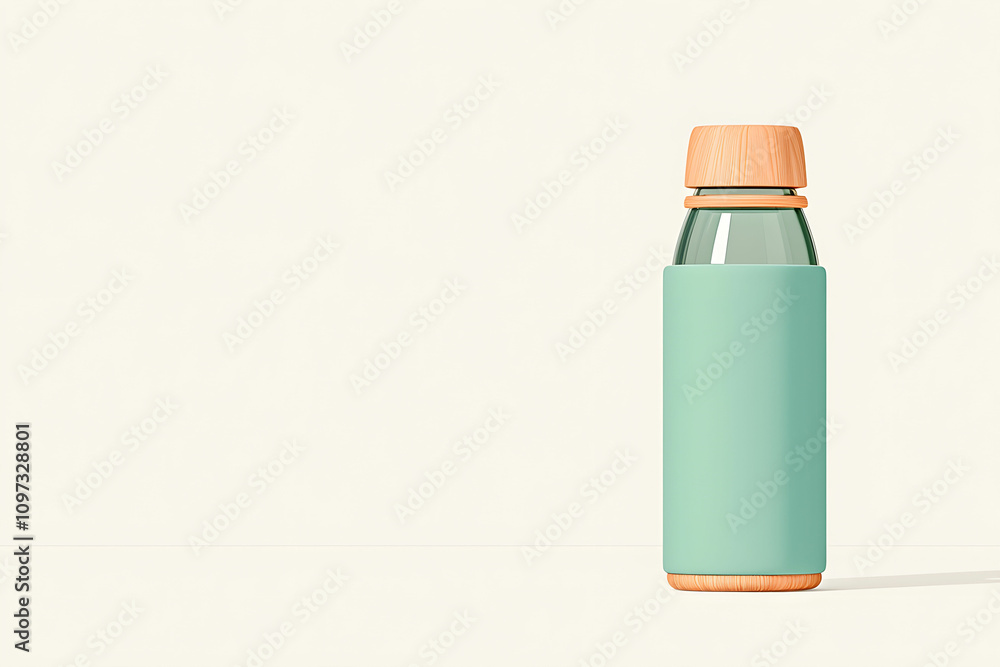 Stylish and Eco-Friendly Water Bottle with Wooden Cap in a Soft Mint Color Set Against a Minimalistic Light Background for Modern Lifestyle and Health Stylish and Eco-Friendly Water Bottle with Wooden Cap in a Soft Mint Color Set Against a Minimalistic Light Background for Modern Lifestyle and Health