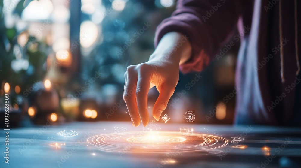 Hand interacting with futuristic holographic interface. Hand interacting with futuristic holographic interface.