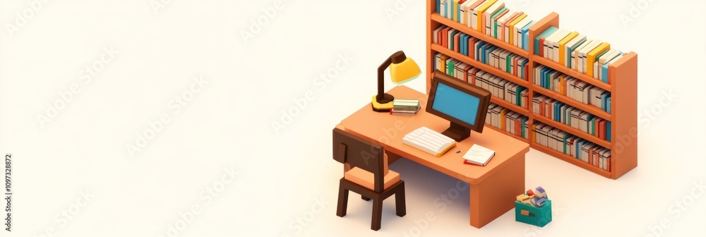 A cozy workspace featuring a desk, computer, lamp, and bookshelf filled with books. A cozy workspace featuring a desk, computer, lamp, and bookshelf filled with books.