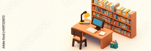 A cozy workspace featuring a desk, computer, lamp, and bookshelf filled with books.