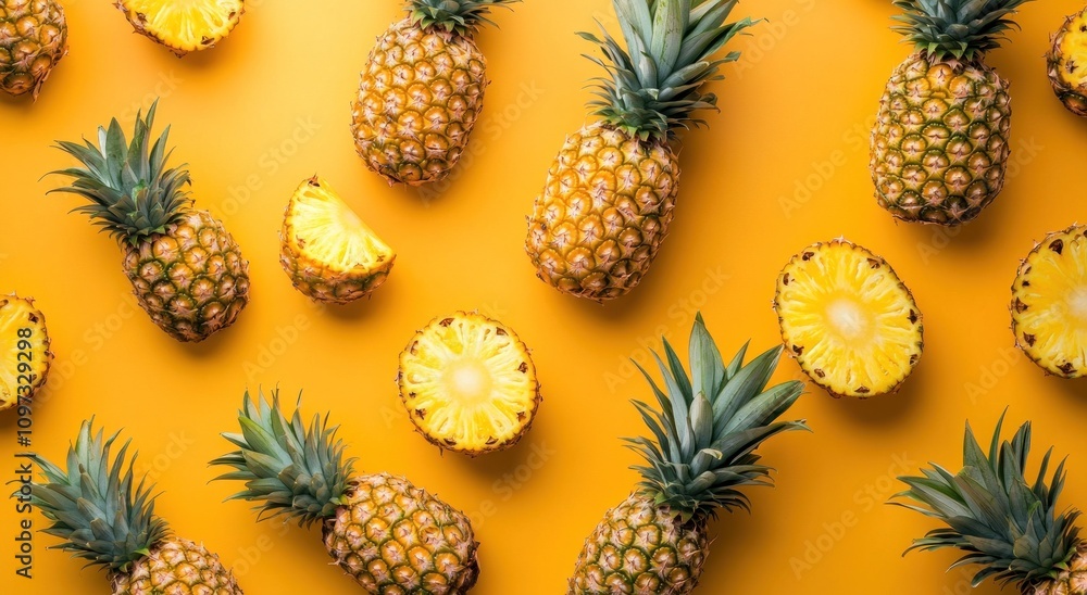 A vibrant arrangement of whole and sliced pineapples on a bright yellow background. A vibrant arrangement of whole and sliced pineapples on a bright yellow background.