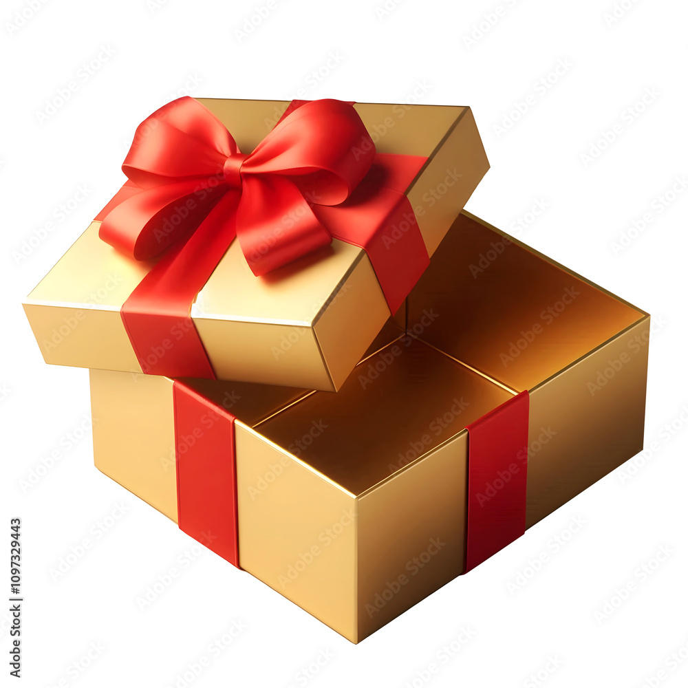 Luxurious Gold Gift Box with a Red Ribbon, Opened to Reveal a Striking Red Interior, Highlighting Elegance and Anticipation Luxurious Gold Gift Box with a Red Ribbon, Opened to Reveal a Striking Red Interior, Highlighting Elegance and Anticipation