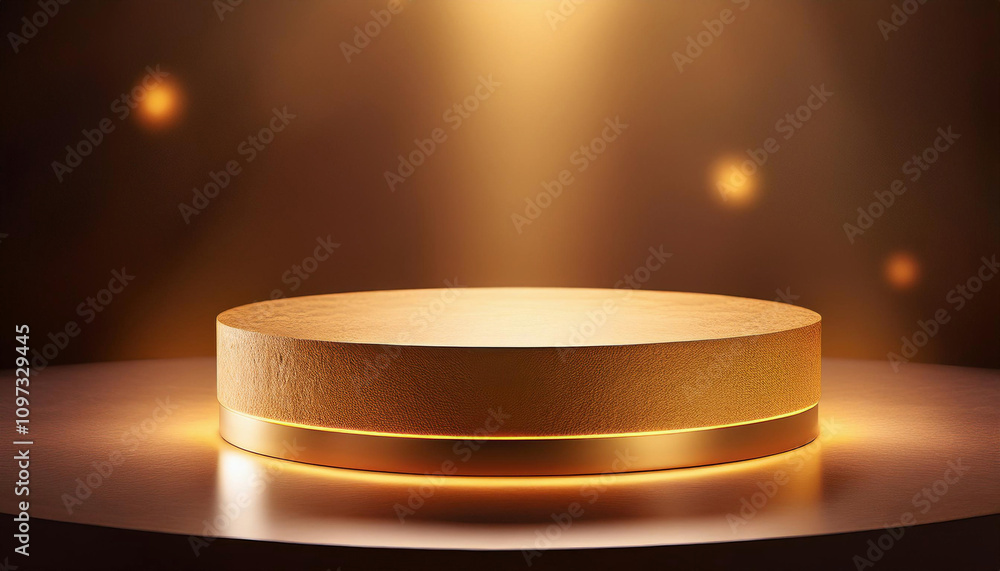 A golden circular podium illuminated by warm spotlight from above, creating dramatic shadows and bokeh effects in the dark background. A golden circular podium illuminated by warm spotlight from above, creating dramatic shadows and bokeh effects in the dark background.