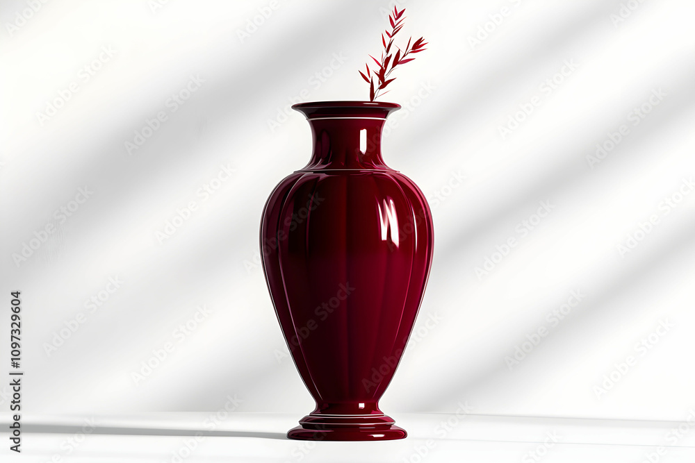 Elegant Dark Red Vase with Simple Greenery Set Against a Soft Light Background, Perfect for Interior Décor and Artistic Photography Elegant Dark Red Vase with Simple Greenery Set Against a Soft Light Background, Perfect for Interior Décor and Artistic Photography