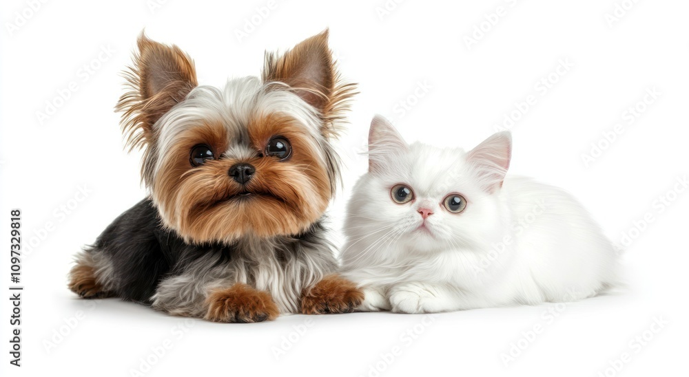 A Yorkshire Terrier and a white Persian cat lying together on a white background. A Yorkshire Terrier and a white Persian cat lying together on a white background.