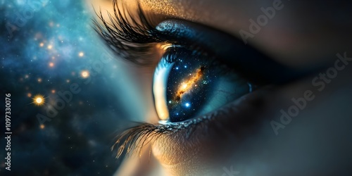 Close up of wide open human eye with galaxy reflection and glowing starry sky. Macrography of woman looking at camera confidently. Focus on eyes. Focus on eyes. Concept of vision and beauty