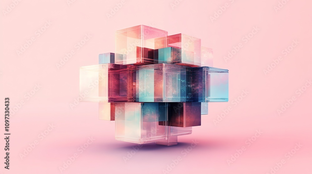 Obraz premium Abstract geometric structure with translucent cubes on a soft pink background.