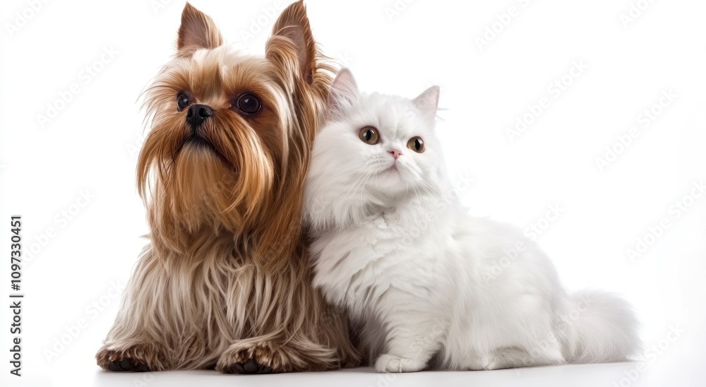A Yorkshire Terrier and a white Persian cat sitting together, showcasing companionship. A Yorkshire Terrier and a white Persian cat sitting together, showcasing companionship.