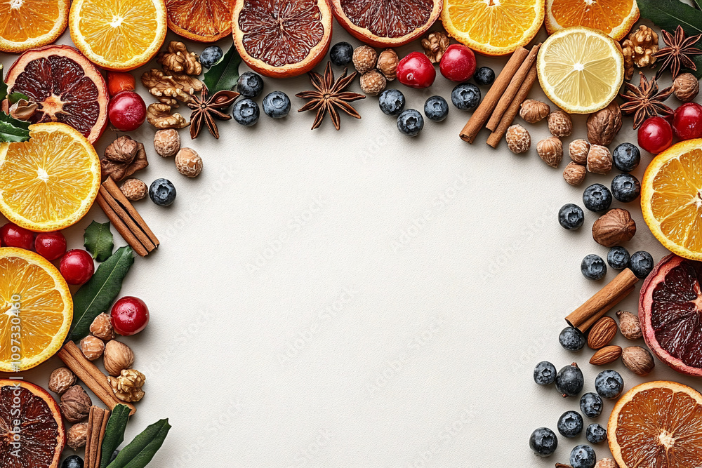 A colorful arrangement of spices and dried fruits, ideal for festive events like Christmas or culinary promotions, promoting warmth and celebration. A colorful arrangement of spices and dried fruits, ideal for festive events like Christmas or culinary promotions, promoting warmth and celebration.