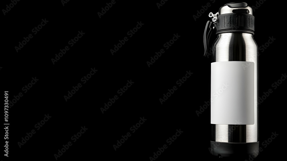 Stainless steel water bottle with blank label on black background. Stainless steel water bottle with blank label on black background.