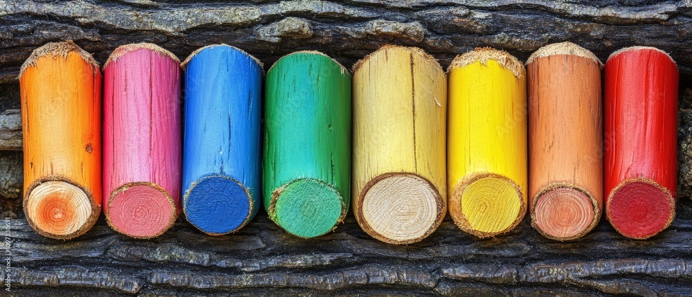 Circular wooden dowels painted in vivid rainbow colors, arranged linearly with visible wood grain, creating a playful, artistic effect ideal for educational or creative designs Circular wooden dowels painted in vivid rainbow colors, arranged linearly with visible wood grain, creating a playful, artistic effect ideal for educational or creative designs