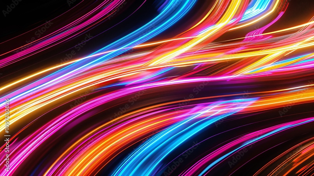 Neon lines zipping across a black background in a dynamic pattern Neon lines zipping across a black background in a dynamic pattern