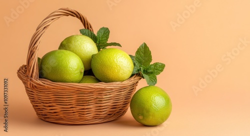 A basket filled with fresh limes and mint leaves on a soft orange background.