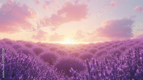 A breathtaking lavender field under a pastel sunset, showcasing vibrant purple flowers and a serene sky filled with soft clouds.