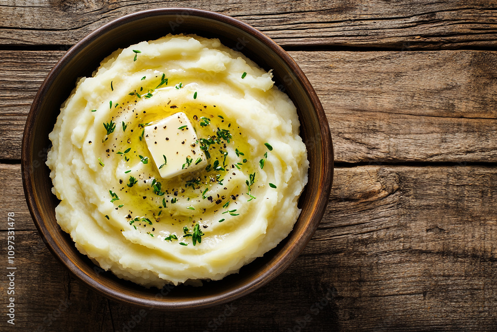 A bowl of delicious creamy mashed potato topped with butter and herbs A bowl of delicious creamy mashed potato topped with butter and herbs