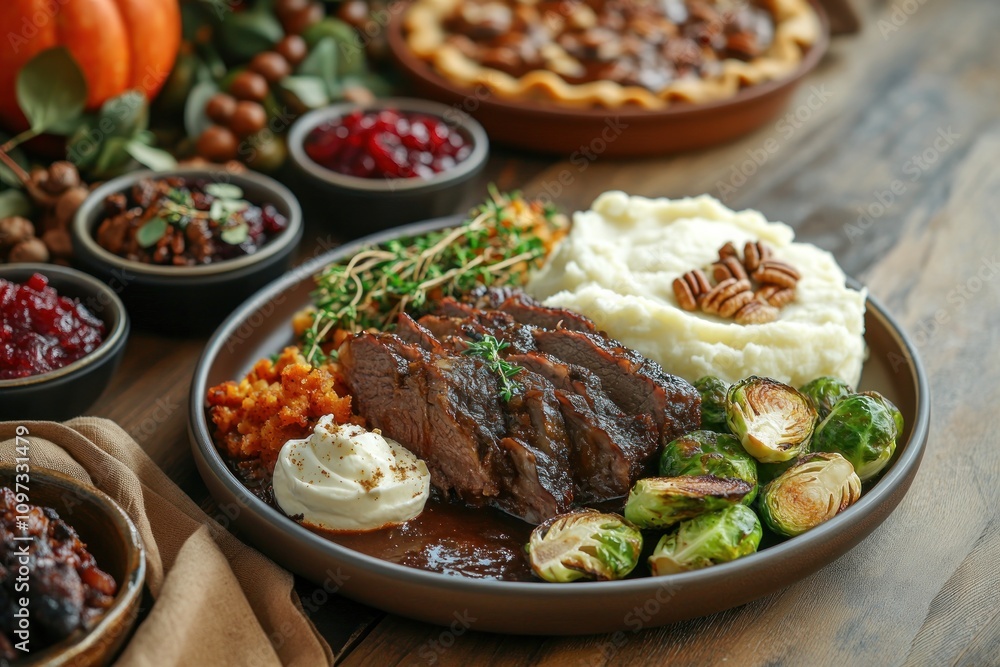 A festive plate with sliced beef, mashed potatoes, Brussels sprouts, and seasonal sides. A festive plate with sliced beef, mashed potatoes, Brussels sprouts, and seasonal sides.