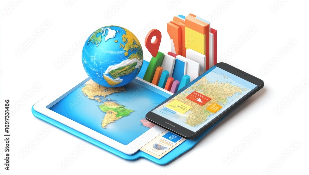 A digital globe, map, and smartphone represent travel and geography learning tools. A digital globe, map, and smartphone represent travel and geography learning tools.