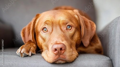 A close-up of a brown dog resting its head on a gray couch, looking contemplative.