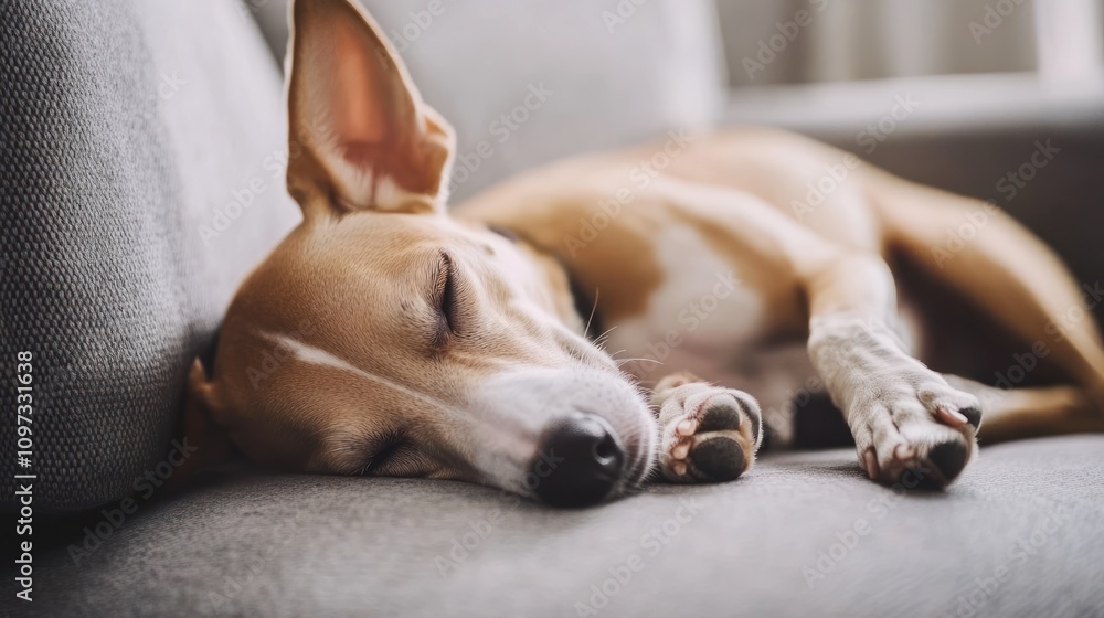 A sleepy dog resting comfortably on a couch. A sleepy dog resting comfortably on a couch.