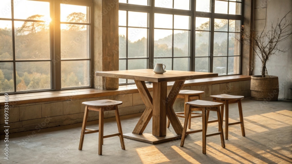 Fototapeta premium Sunlight streams through large windows casting gentle shadows on the smooth surface of a sy timber table surrounded by four elegantly simple seats all crafted from warm wood.