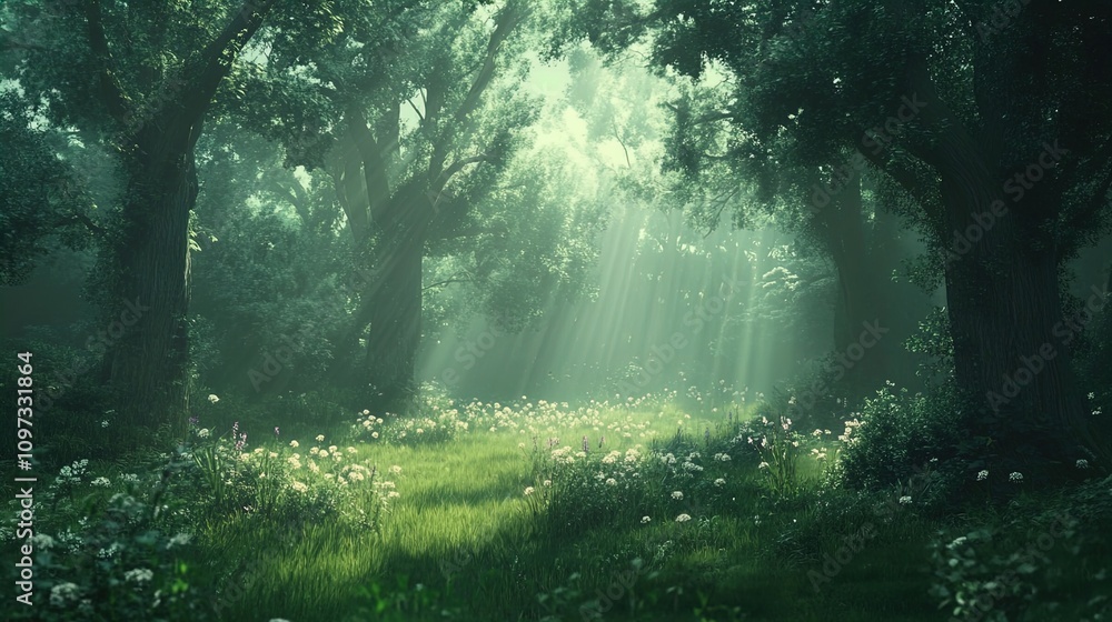 Obraz premium A serene forest setting bathed in soft, ethereal light filtering through the trees. Tall, lush trees tower on either side, their green leaves forming a canopy that gently diffuses sunlight into the cl