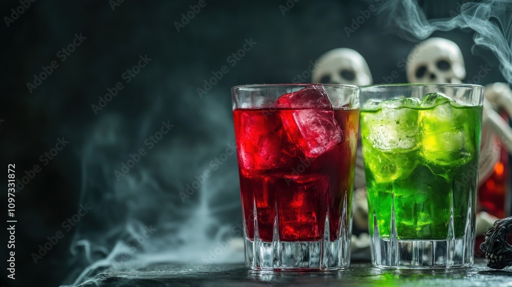 Two colorful drinks in glasses with ice, surrounded by smoke and skull decorations. Two colorful drinks in glasses with ice, surrounded by smoke and skull decorations.