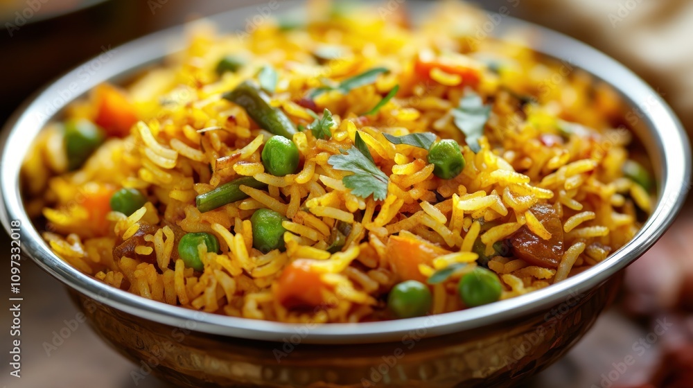 A bowl of vibrant yellow rice with vegetables, garnished with herbs, showcasing a delicious dish. A bowl of vibrant yellow rice with vegetables, garnished with herbs, showcasing a delicious dish.