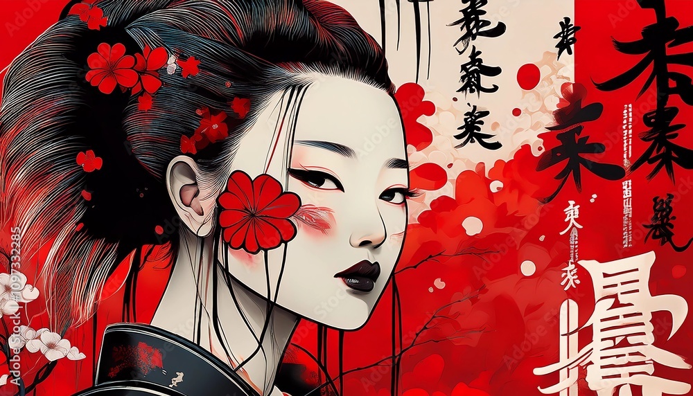 Naklejka premium Street art graffiti, Japanese women woman painted on graffiti art style with kanji latter background. Street art painting, Japanese style graffiti for tattoo and clothing design 