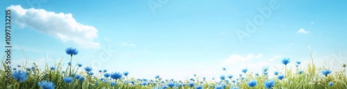 A serene landscape featuring a field of blue flowers under a clear sky with gentle clouds.