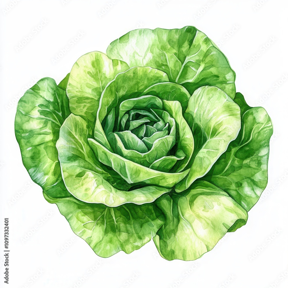 Obraz premium Vibrant green lettuce head isolated on a white background.
