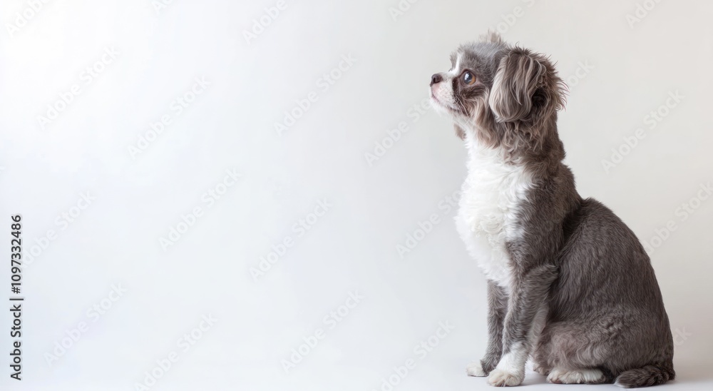 A small, fluffy dog sitting gracefully against a light background. A small, fluffy dog sitting gracefully against a light background.