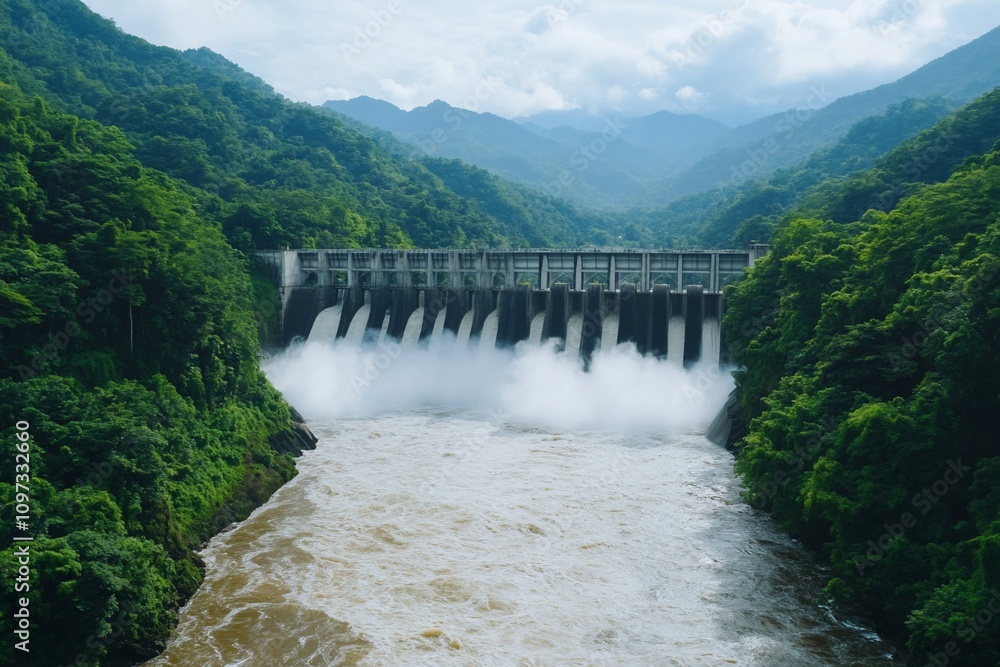Hydroelectric dam releasing water, surrounded by lush green mountains. Hydroelectric dam releasing water, surrounded by lush green mountains.