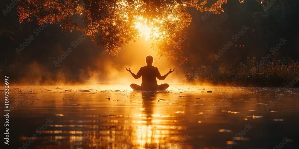 Serene sunrise yoga meditation by calm river. Serene sunrise yoga meditation by calm river.