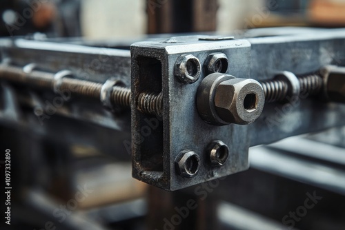 Close-Up of Industrial Metal Components Featuring Bolts, Nuts, and Precision Threads in a Workshop Setting with a Focus on Machinery and Engineering Details