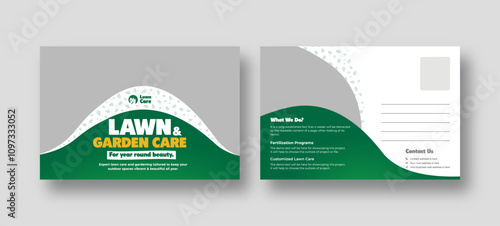 Lawn and gardening services postcard template, garden landscaping design