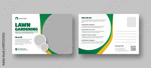 Lawn and gardening services postcard template, garden landscaping design