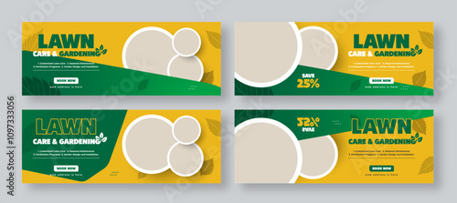 Lawn and gardening services social media facebook cover web banner set template, garden landscaping banner