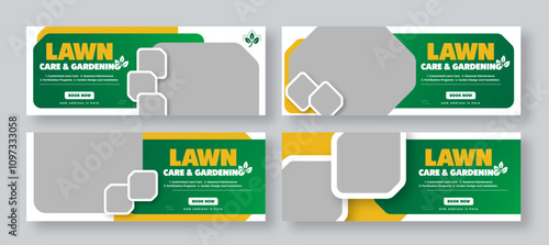 Lawn and gardening services social media facebook cover web banner template set, garden landscaping banner