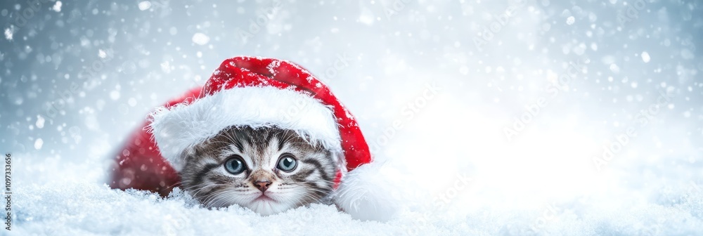 A cute kitten wearing a Santa hat lying in the snow, evoking a festive winter mood. A cute kitten wearing a Santa hat lying in the snow, evoking a festive winter mood.