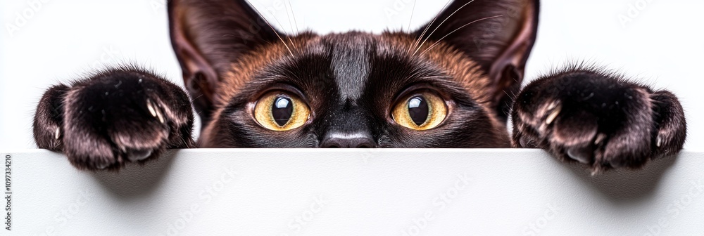 Fototapeta premium A close-up of a cat's face peeking over a surface, showcasing its curious expression.