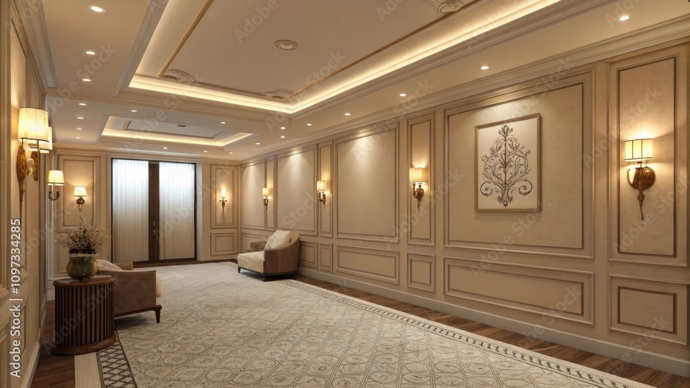 Fototapeta premium Soft ambient lighting emanates from recessed fixtures above and subtle sconces lining the walls creating a warm and inviting atmosphere that encourages relaxation and tranquility.