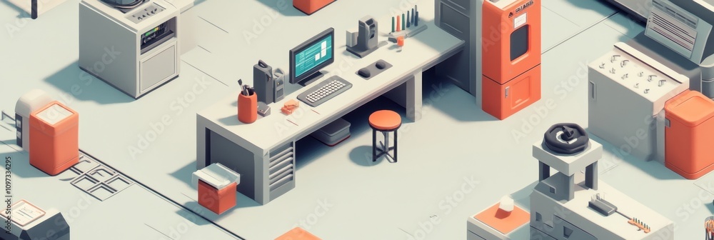 A minimalist workspace featuring a desk, computer, and various tools in a clean environment. A minimalist workspace featuring a desk, computer, and various tools in a clean environment.