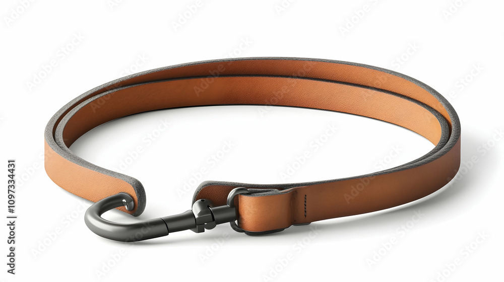 Tan leather strap with dark metal clasp, coiled on white background. Tan leather strap with dark metal clasp, coiled on white background.