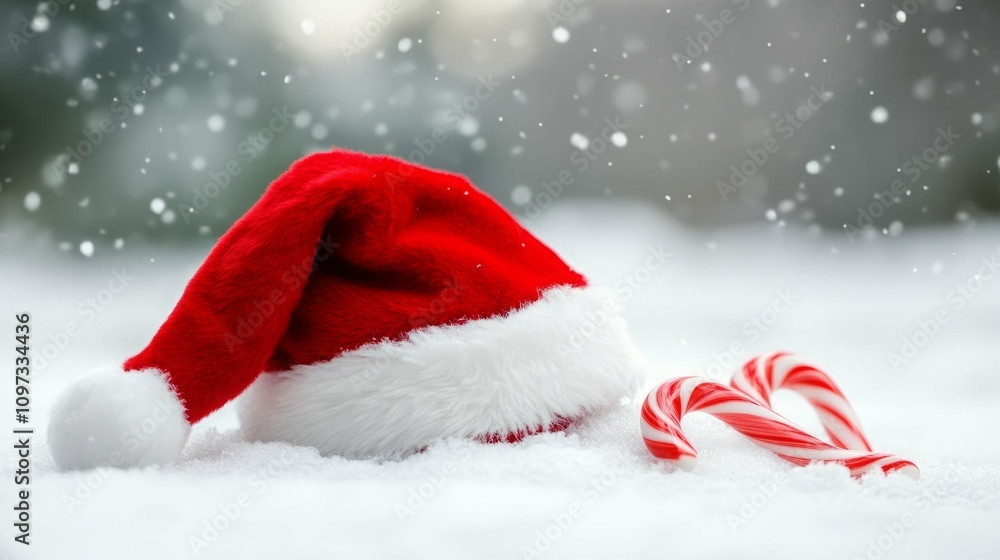 Santa hat and candy canes in the snow. Festive winter scene! Santa hat and candy canes in the snow. Festive winter scene!