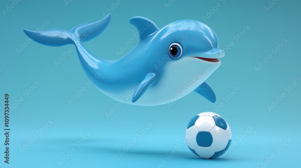 A playful dolphin jumps above a soccer ball against a blue background. A playful dolphin jumps above a soccer ball against a blue background.