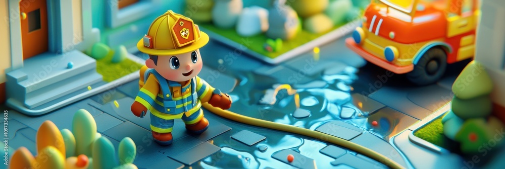 A cheerful firefighter with a hose near a fire truck and a puddle in a colorful environment. A cheerful firefighter with a hose near a fire truck and a puddle in a colorful environment.
