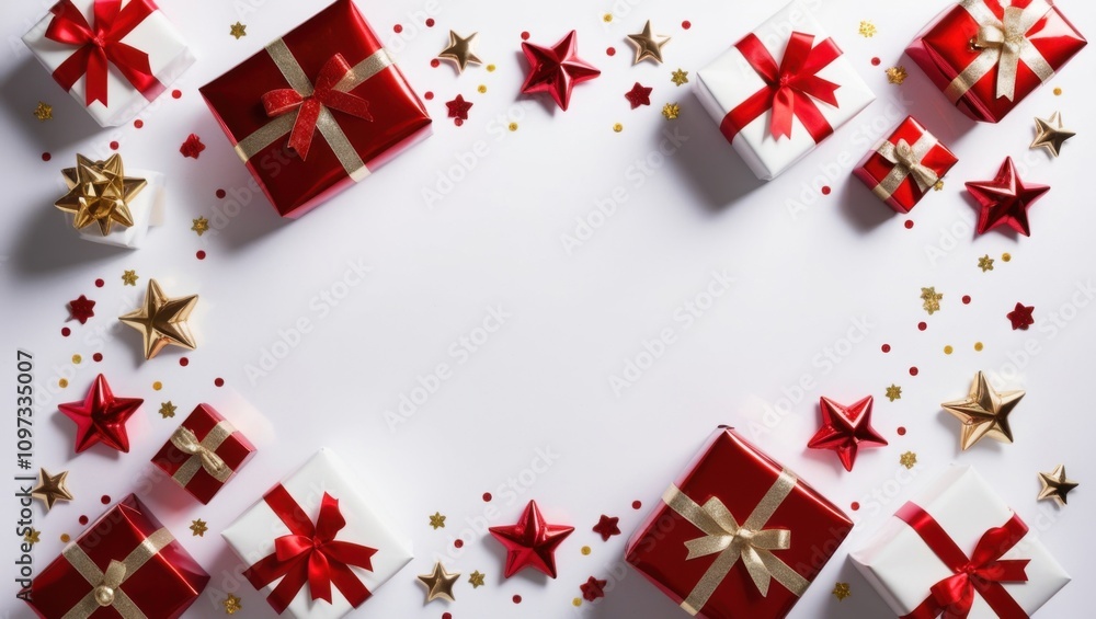 Image is a festive, celebratory layout featuring a collection of wrapped gifts and decorative elements. The background is a clean, bright white, providing a stark contrast to the vibrant colors of the Image is a festive, celebratory layout featuring a collection of wrapped gifts and decorative elements. The background is a clean, bright white, providing a stark contrast to the vibrant colors of the