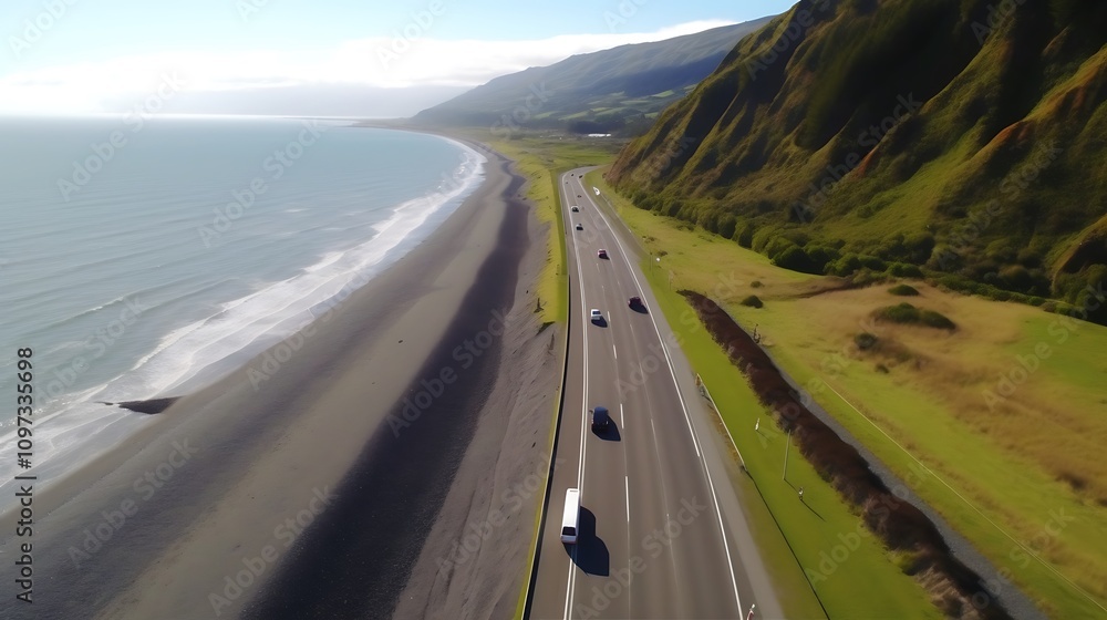 Fototapeta premium Coastal Highway Scenic Drive Alongside Ocean Beach
