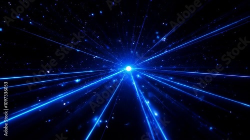 Radiant blue light streams converge at a central point in infinite black space. Dynamic particles scatter across the digital void, creating depth through layered luminous effects. 