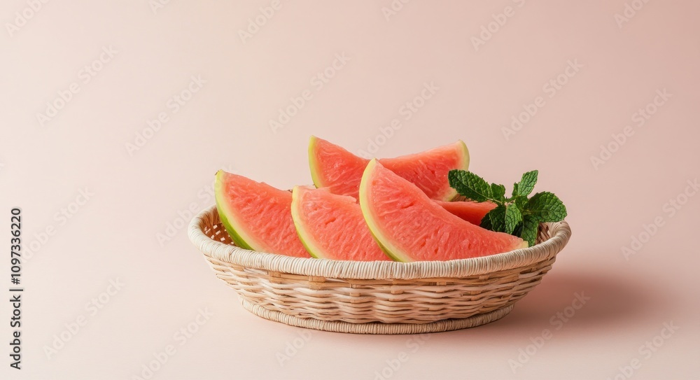 A basket of fresh watermelon slices garnished with mint on a soft pink background. A basket of fresh watermelon slices garnished with mint on a soft pink background.